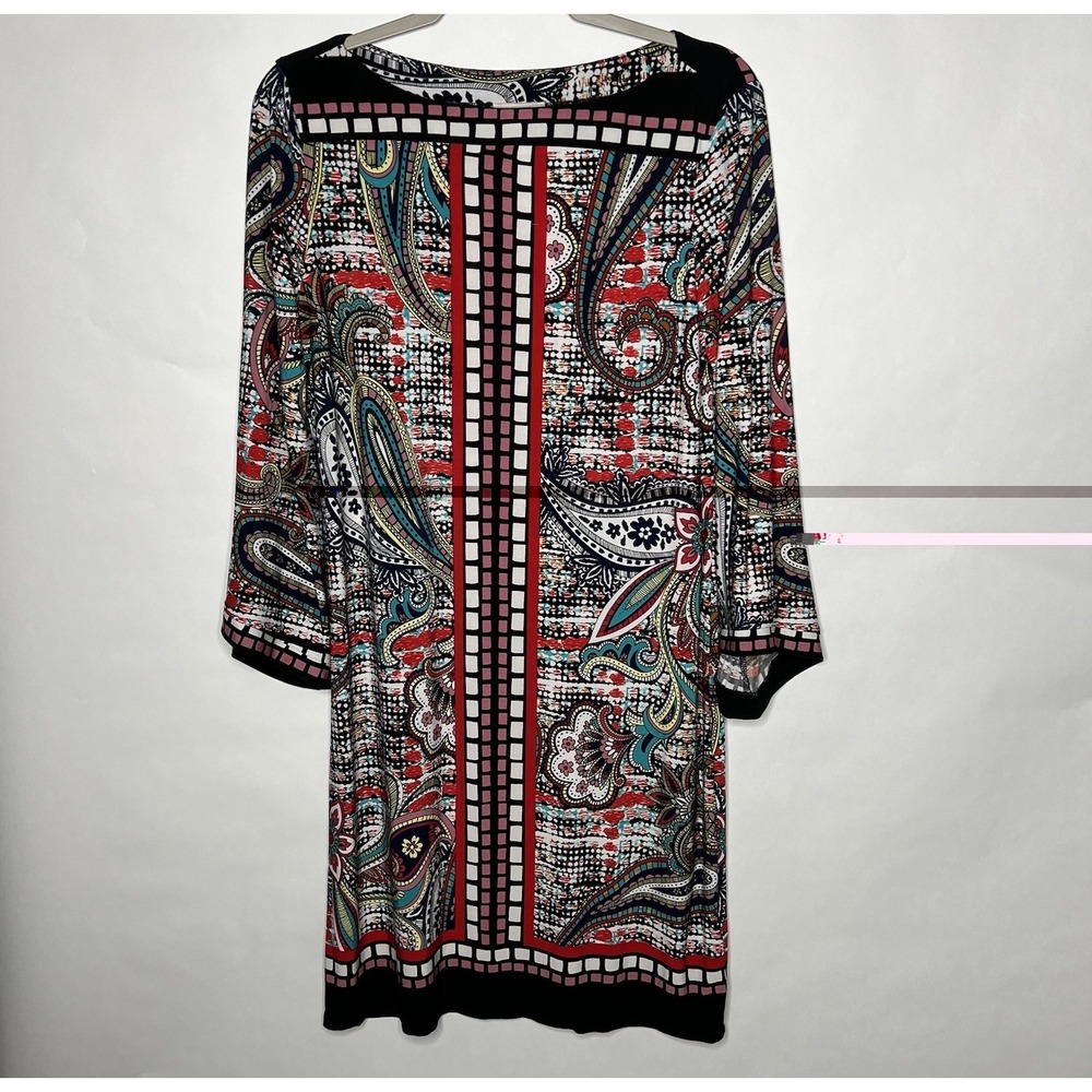 Beige ECI Dress Womens 6 Multicolor Stretch Boat Neck Paisley Boho Bell Sleeve